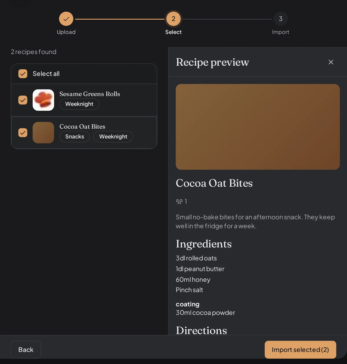 The Select step of a Paprika import, listing the recipes found in the file with checkboxes and a recipe preview.