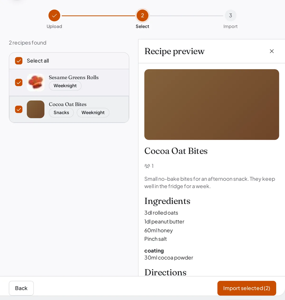 The Select step of a Paprika import, listing the recipes found in the file with checkboxes and a recipe preview.