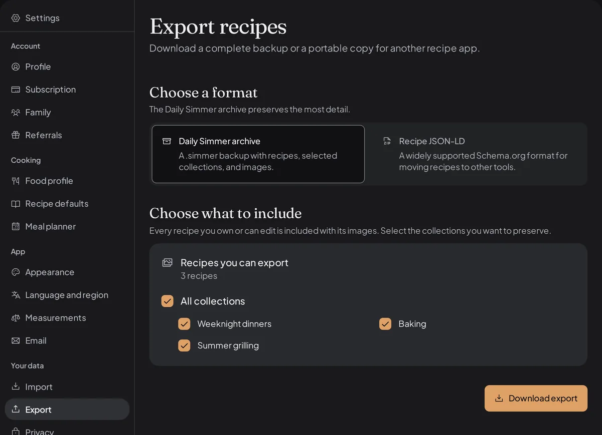 The Export recipes settings page with a choice between the Daily Simmer archive and Recipe JSON-LD, a recipe count, a list of collections to include, and a Download export button.