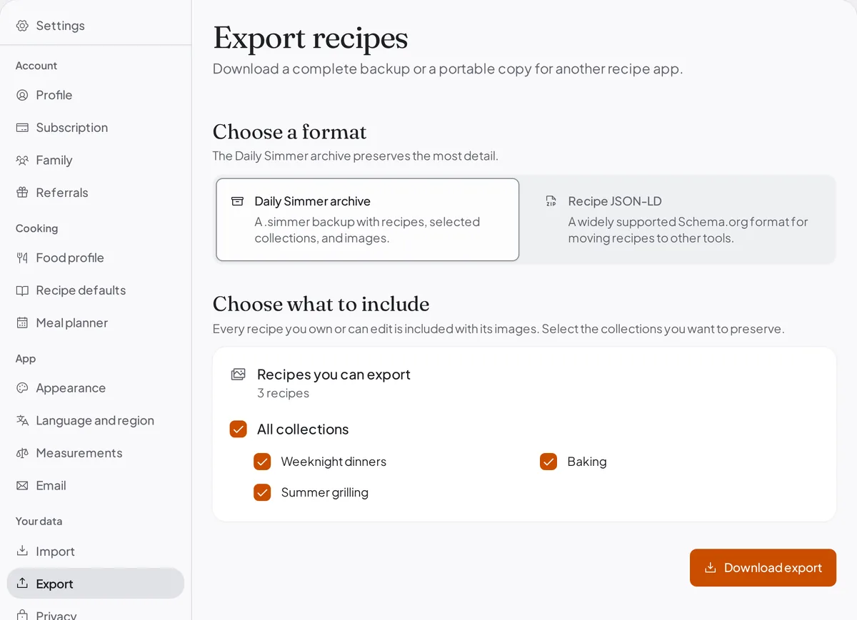 The Export recipes settings page with a choice between the Daily Simmer archive and Recipe JSON-LD, a recipe count, a list of collections to include, and a Download export button.