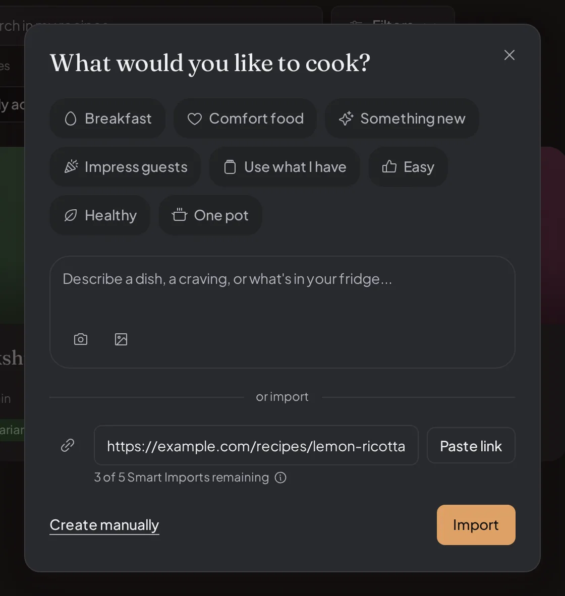 The Add recipe dialog with a recipe link pasted into the import field, and a line under it showing 3 of 5 Smart Imports remaining.