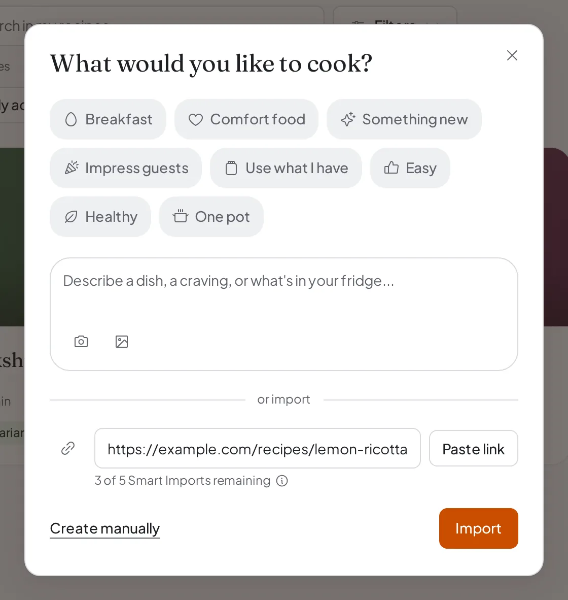 The Add recipe dialog with a recipe link pasted into the import field, and a line under it showing 3 of 5 Smart Imports remaining.
