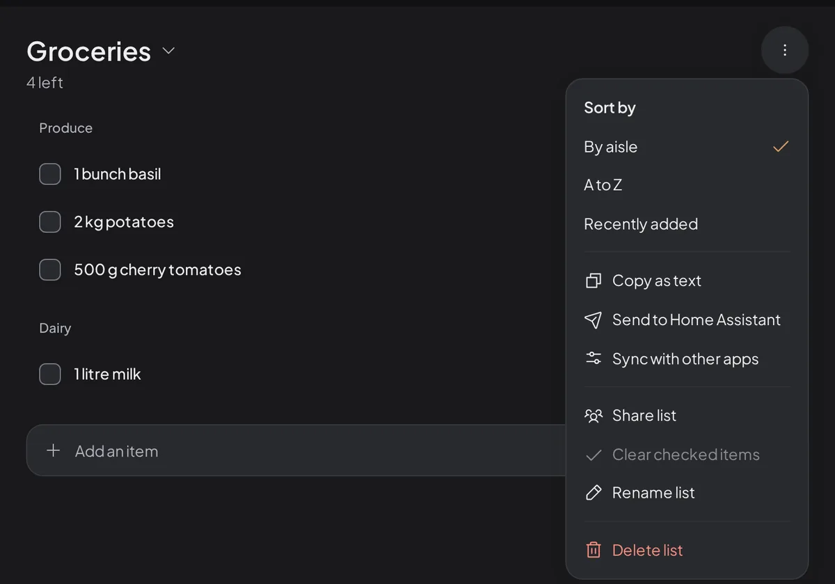 A shopping list's List options menu showing Copy as text, Send to Home Assistant, and Sync with other apps.