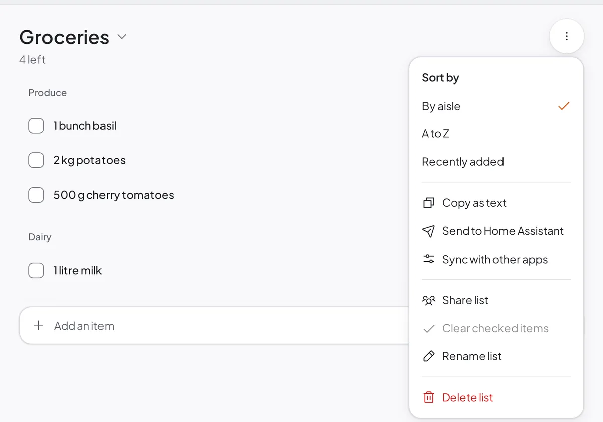 A shopping list's List options menu showing Copy as text, Send to Home Assistant, and Sync with other apps.