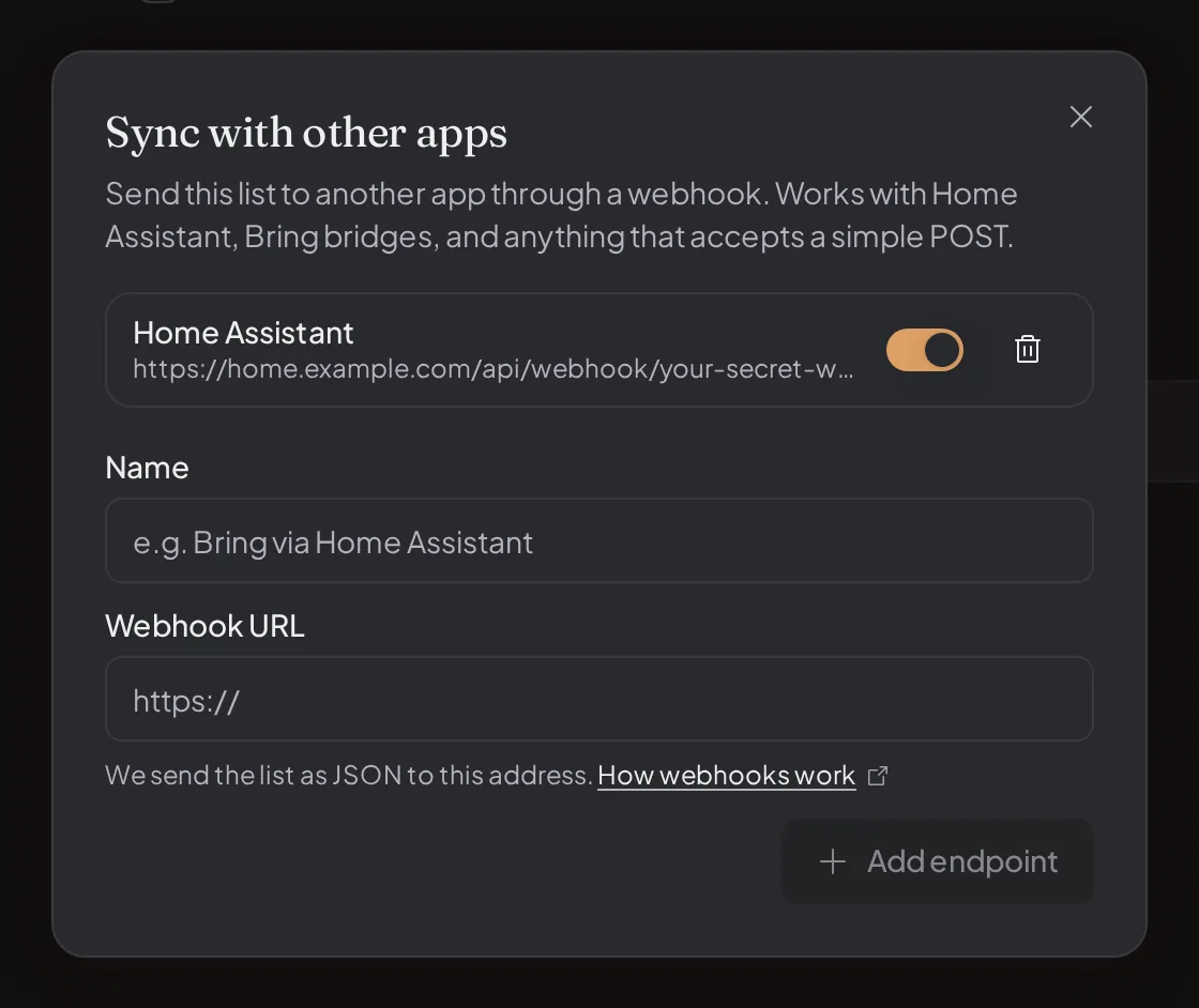 The Sync with other apps dialog with one endpoint named Home Assistant switched on, and empty Name and Webhook URL fields for adding another.