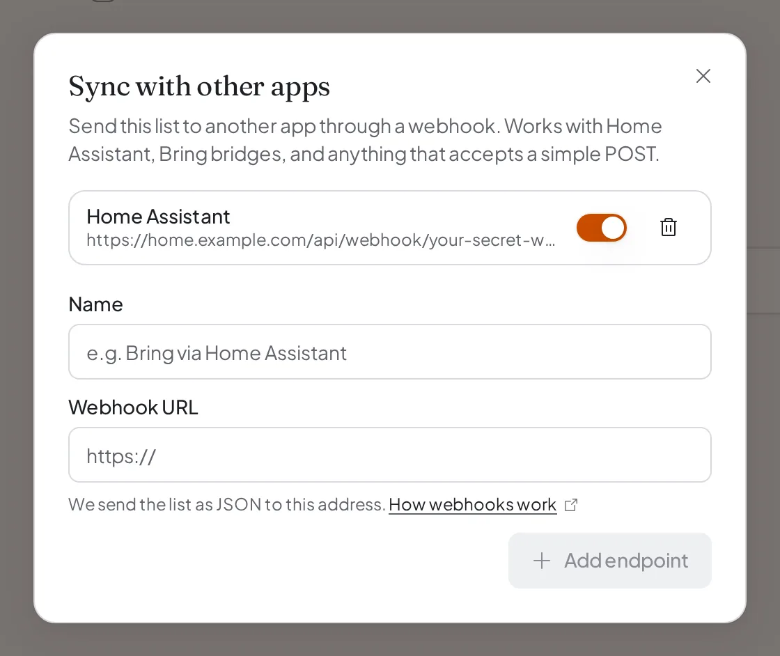 The Sync with other apps dialog with one endpoint named Home Assistant switched on, and empty Name and Webhook URL fields for adding another.