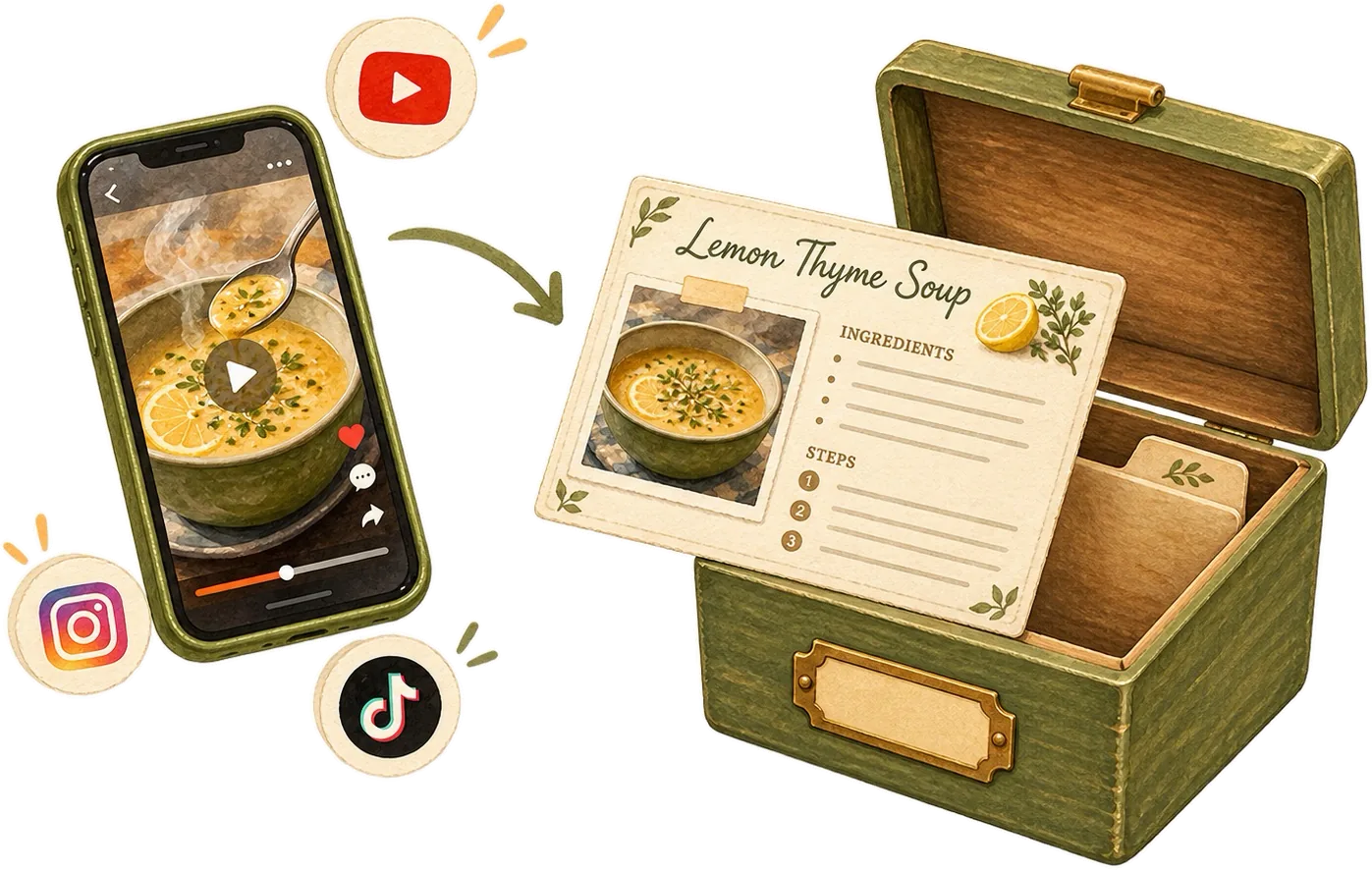 A phone playing a soup video, with the YouTube, Instagram, and TikTok marks beside it, becomes a recipe card landing in an open green recipe box.
