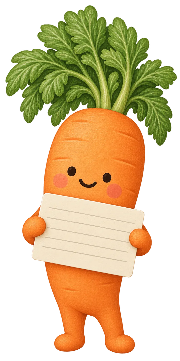 Carrot, a smiling cartoon carrot, holds up a blank recipe card with both hands.