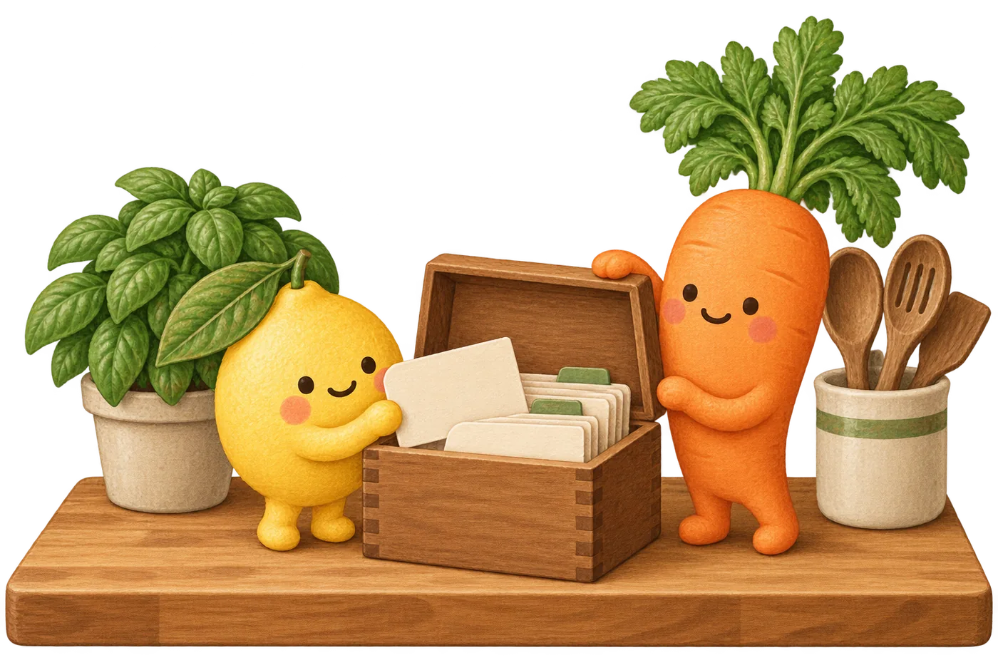 An open recipe box full of cards on a kitchen counter, with Lemon handing a card into it and Carrot resting a hand on the lid.