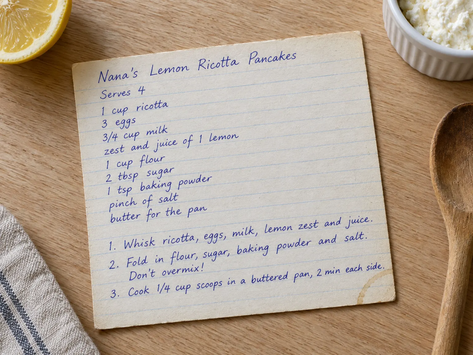A handwritten card for Nana's lemon ricotta pancakes on a kitchen counter, beside half a lemon and a wooden spoon.