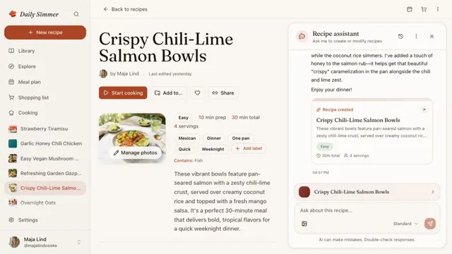 A chili-lime salmon bowl recipe beside the Daily Simmer conversation that created it.