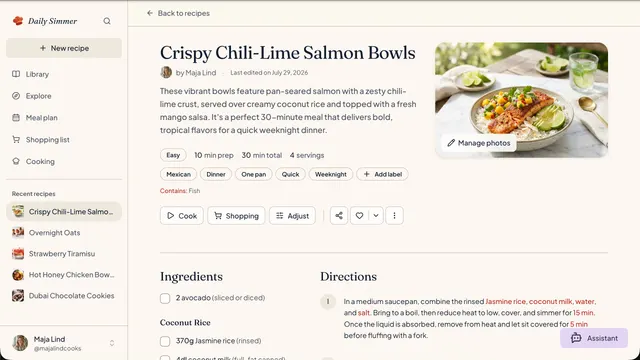 A chili-lime salmon bowl recipe beside the Daily Simmer conversation that created it.