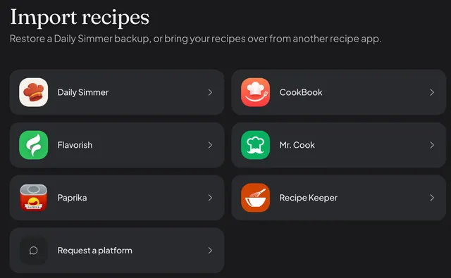 The Daily Simmer import page listing CookBook, Flavorish, Mr. Cook, Paprika, Recipe Keeper, and a Daily Simmer backup.