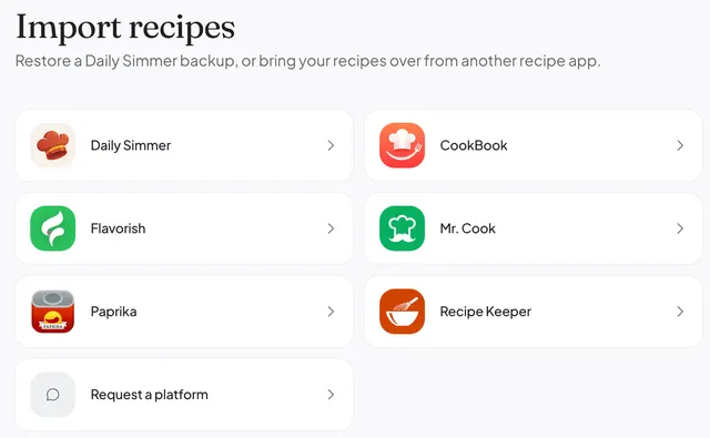 The Daily Simmer import page listing CookBook, Flavorish, Mr. Cook, Paprika, Recipe Keeper, and a Daily Simmer backup.