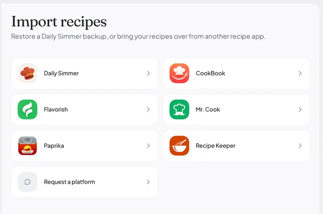 The Daily Simmer import page listing CookBook, Flavorish, Mr. Cook, Paprika, Recipe Keeper, and a Daily Simmer backup.