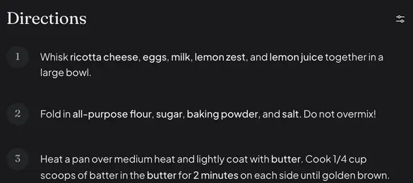 The three directions Daily Simmer read from the handwritten card for Nana's lemon ricotta pancakes, each ingredient highlighted.