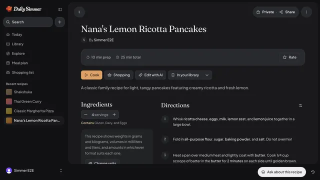 The three directions Daily Simmer read from the handwritten card for Nana's lemon ricotta pancakes, each ingredient highlighted.
