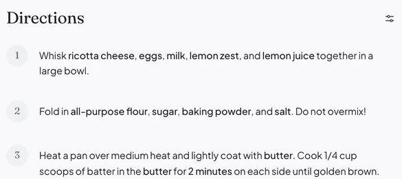 The three directions Daily Simmer read from the handwritten card for Nana's lemon ricotta pancakes, each ingredient highlighted.