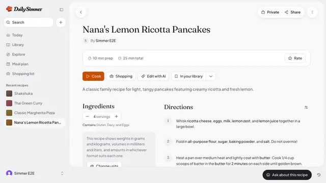 The three directions Daily Simmer read from the handwritten card for Nana's lemon ricotta pancakes, each ingredient highlighted.