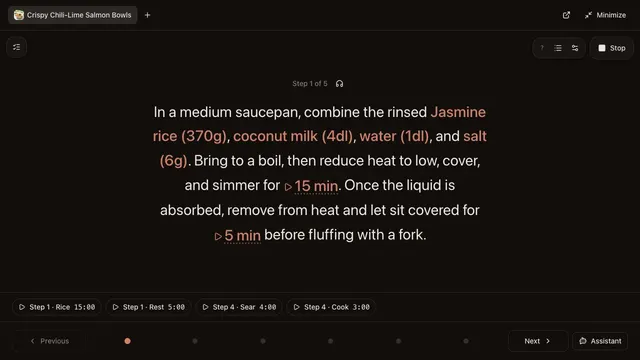 Daily Simmer cooking mode showing the first salmon bowl step, recipe timers, and controls for moving through the recipe.