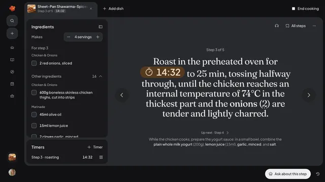Daily Simmer cooking mode on step 3 of a sheet-pan shawarma chicken, with the roast timer running at 14:32 and the next step below.
