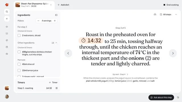 Daily Simmer cooking mode on step 3 of a sheet-pan shawarma chicken, with the roast timer running at 14:32 and the next step below.