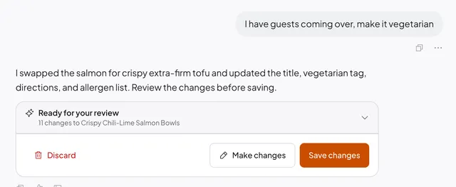 A cook asks Simmer to make a chili-lime salmon bowl recipe vegetarian for guests, and Simmer swaps the salmon for tofu and holds the changes for review before they save.