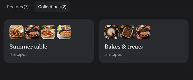 Two shared recipe collections, Summer table and Bakes & treats, on a cook's Daily Simmer profile.