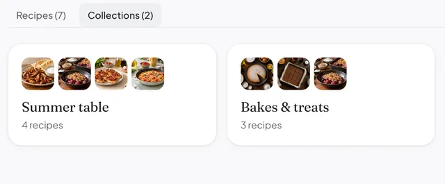 Two shared recipe collections, Summer table and Bakes & treats, on a cook's Daily Simmer profile.