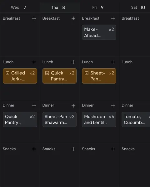 A Daily Simmer week plan with lunch and dinner on most days and two breakfasts, with each dinner's leftovers kept for the next day's lunch.
