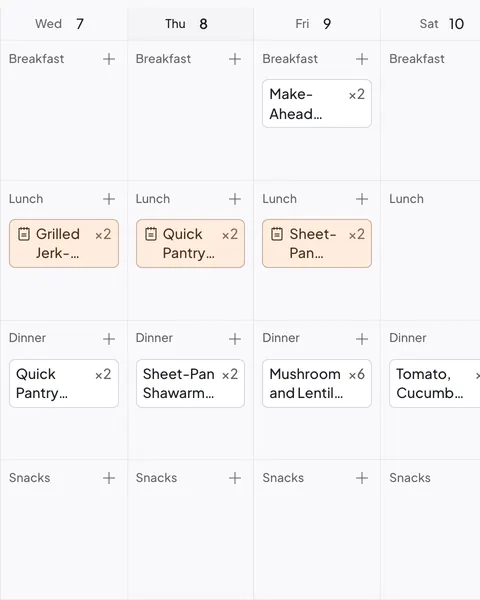 A Daily Simmer week plan with lunch and dinner on most days and two breakfasts, with each dinner's leftovers kept for the next day's lunch.