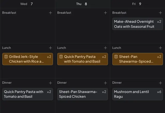 A Daily Simmer week plan with lunch and dinner on most days and two breakfasts, with each dinner's leftovers kept for the next day's lunch.
