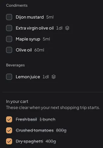 A Daily Simmer shopping list grouped by aisle, with three items checked off into the cart.