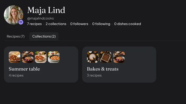 Two shared recipe collections, Summer table and Bakes & treats, on a cook's Daily Simmer profile.