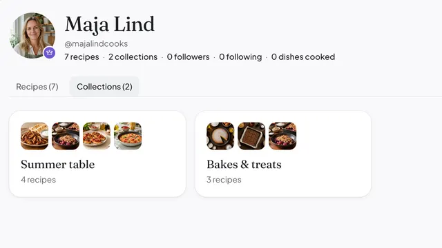 Two shared recipe collections, Summer table and Bakes & treats, on a cook's Daily Simmer profile.