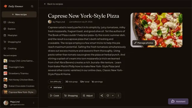 An imported Caprese New York-style pizza recipe in Daily Simmer with its original source credited.