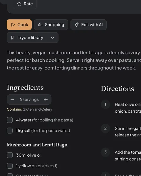A mushroom and lentil ragu imported into Daily Simmer from a recipe site, with its source credit, timing, servings, ingredients, and steps.