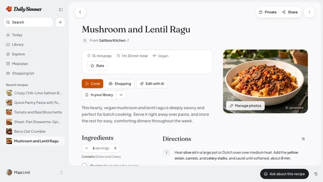 A mushroom and lentil ragu imported into Daily Simmer from a recipe site, with its source credit, timing, servings, ingredients, and steps.