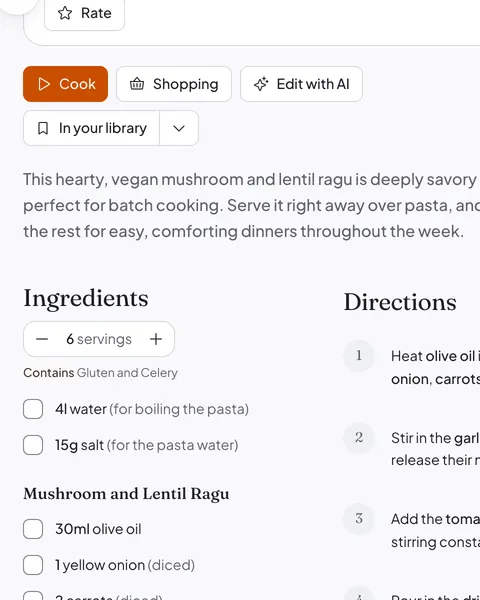 A mushroom and lentil ragu imported into Daily Simmer from a recipe site, with its source credit, timing, servings, ingredients, and steps.