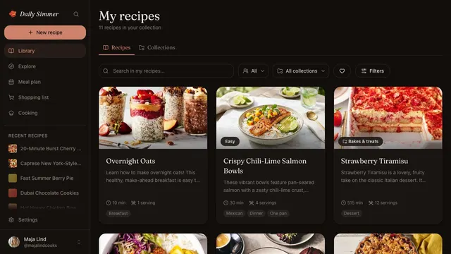 A populated Daily Simmer recipe library showing overnight oats, chili-lime salmon bowls, strawberry tiramisu, and more.