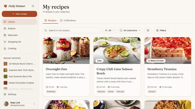 A populated Daily Simmer recipe library showing overnight oats, chili-lime salmon bowls, strawberry tiramisu, and more.