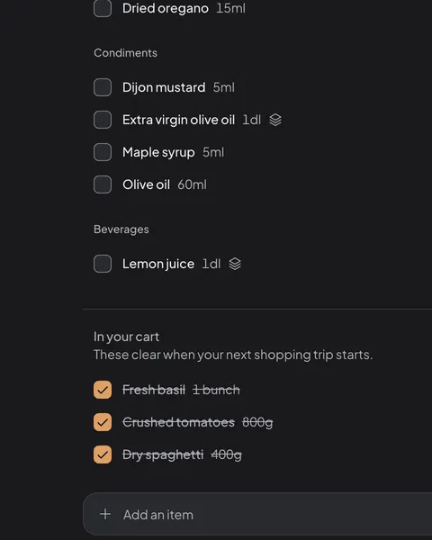 A Daily Simmer shopping list grouped by aisle, with three items checked off into the cart.