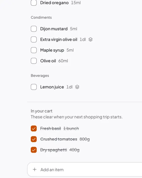 A Daily Simmer shopping list grouped by aisle, with three items checked off into the cart.