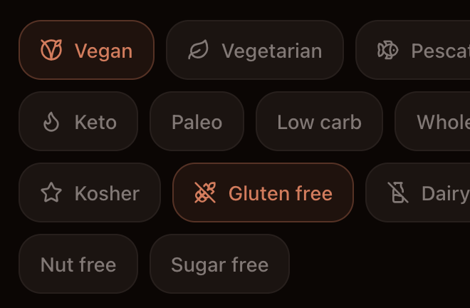 Show: Preferences panel with allergy tags, diet chips, appliance toggles