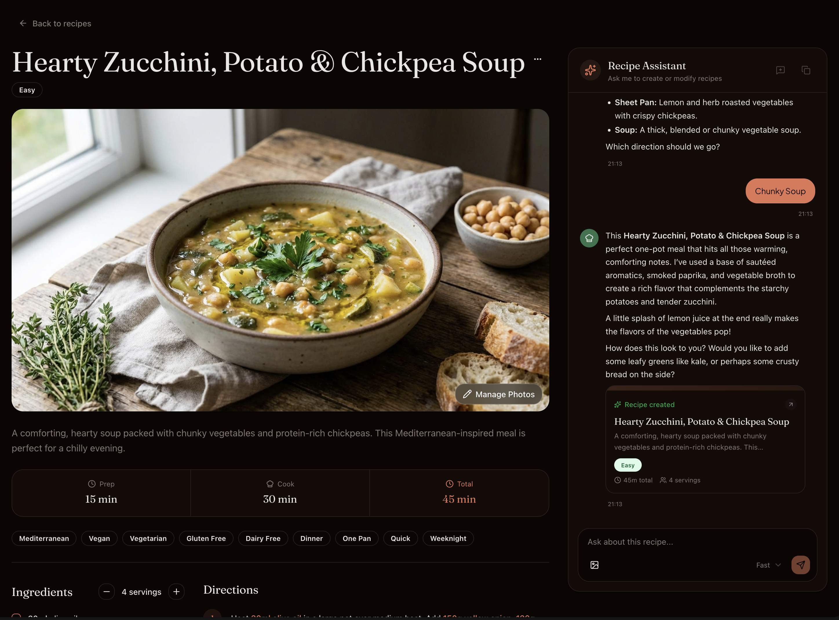 Show: Chat interface with AI creating a recipe, streaming preview visible