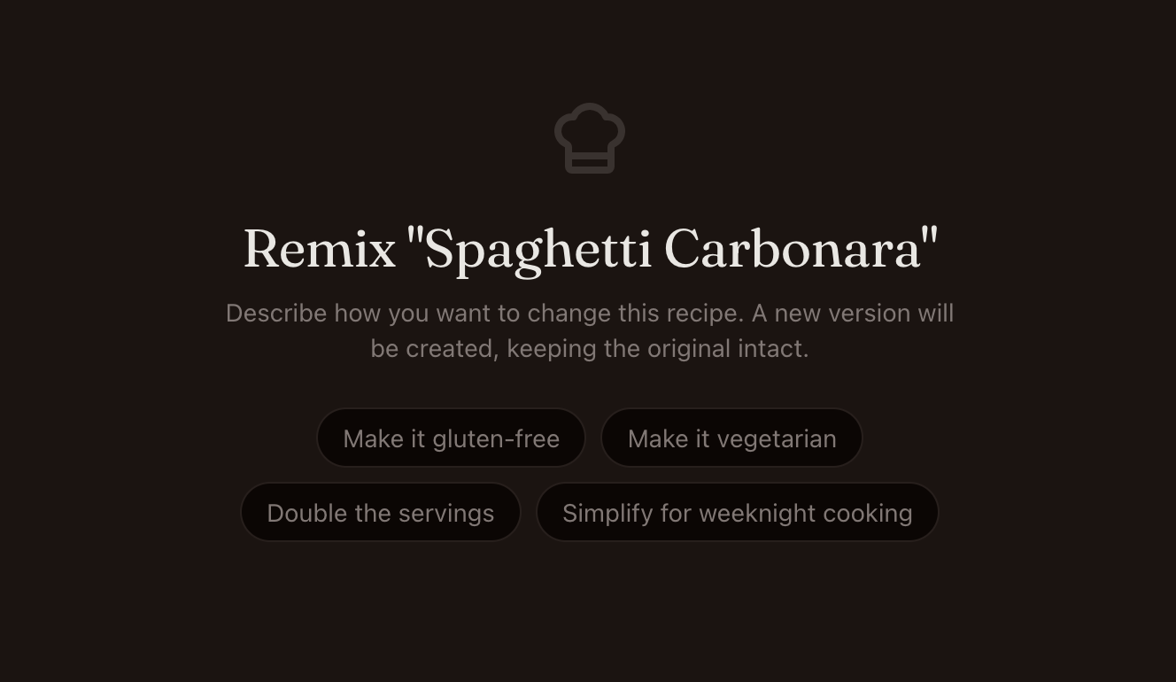 Show: Remix dialog open over a recipe, with chat and quick suggestion chips